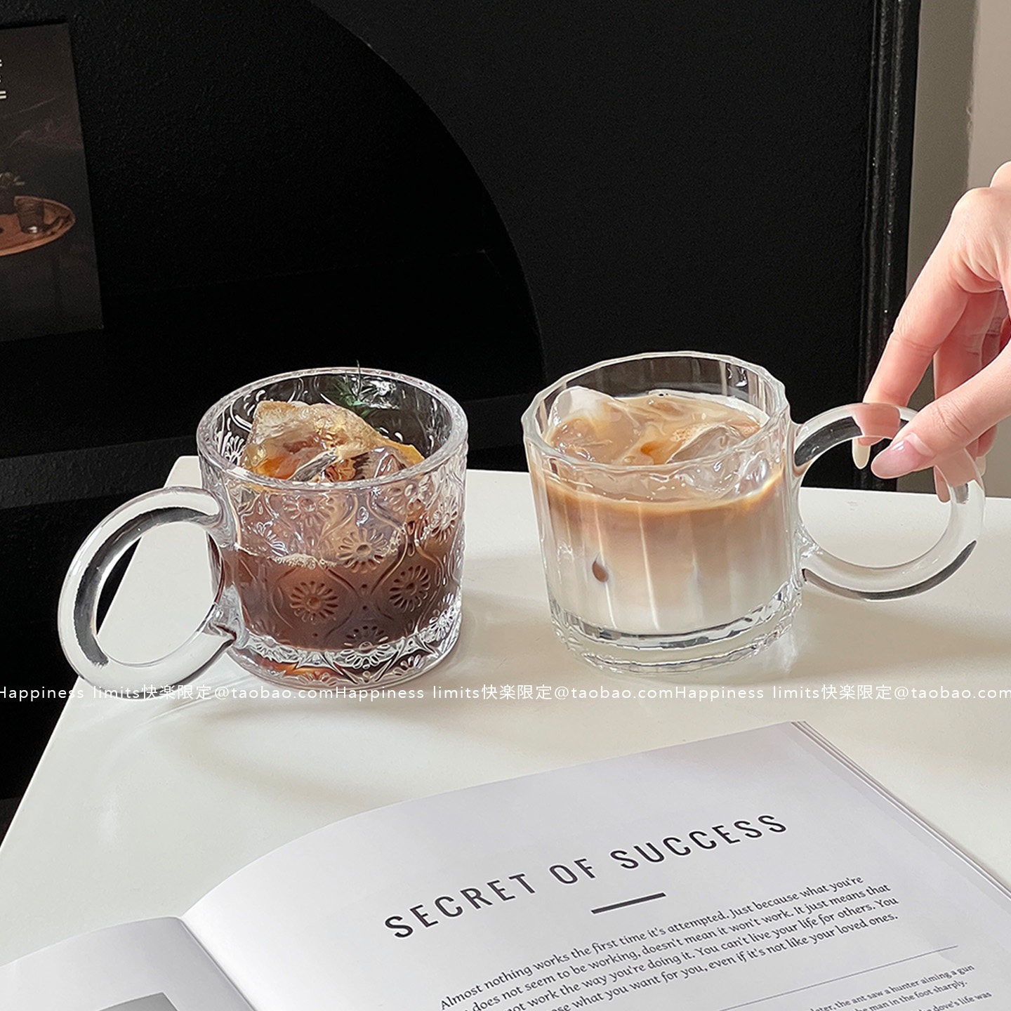 条纹圆环咖啡杯带把ins海棠花玻璃杯牛奶杯冰美式拿铁杯家用水杯,餐饮具,玻璃杯,淘宝优惠券,粉丝福利购,淘宝优惠卷