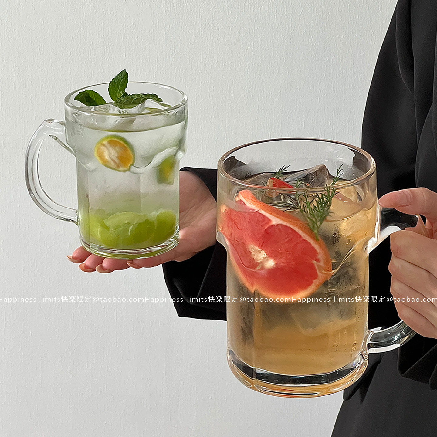 大容量玻璃水果茶杯带把莫吉托杯夏季果汁冷饮杯家用饮料喝水杯子