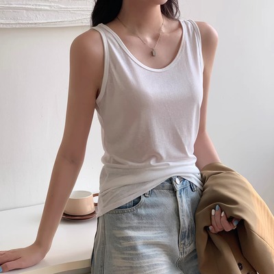 吊带背心白色无袖松弛感女莱赛尔天丝内搭老头衫外穿宽松慵懒上衣