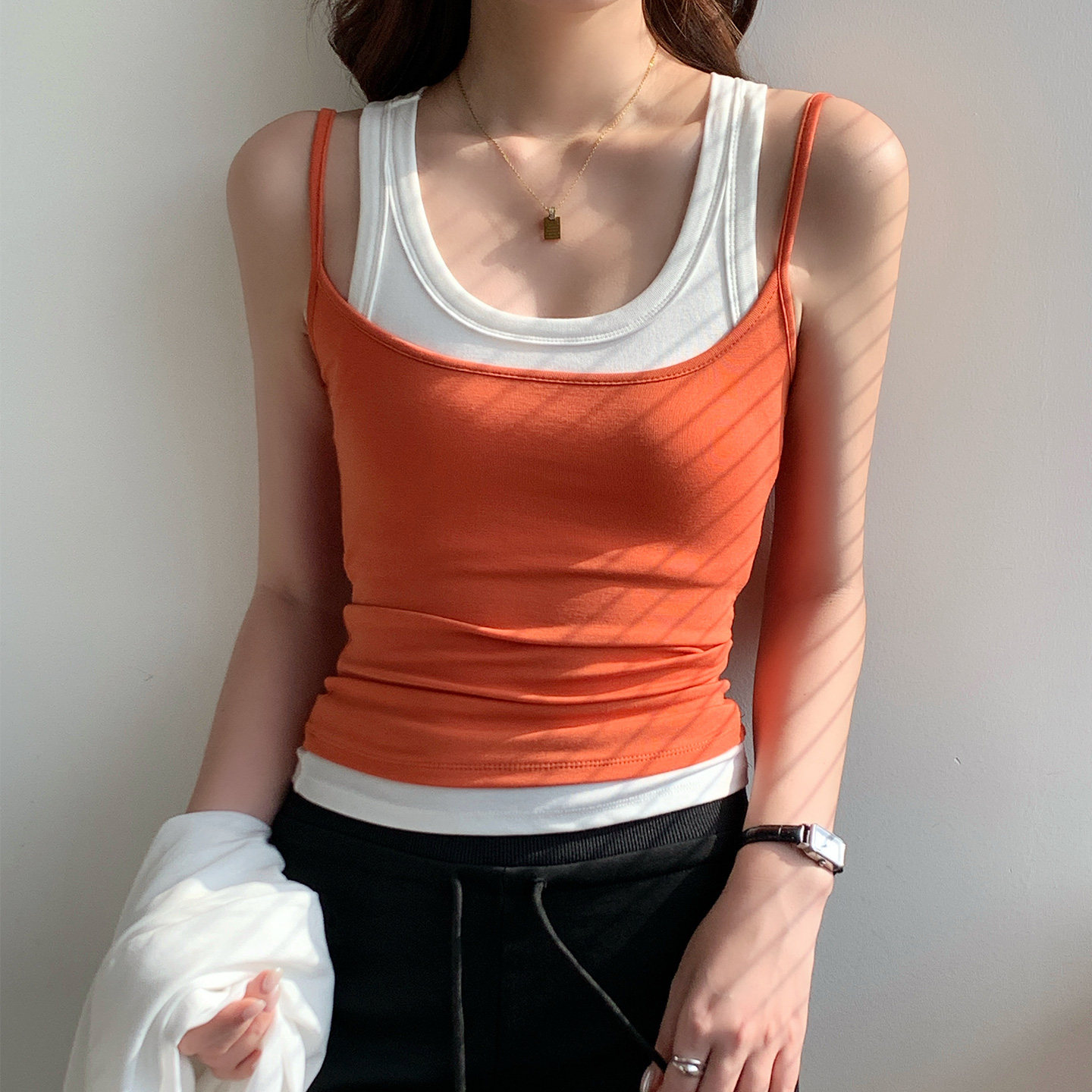 设计感假两件吊带美式辣妹撞色拼接修身内搭外穿无袖上衣背心女夏图片