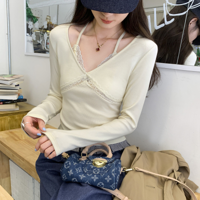 纯欲粉色蕾丝拼接挂脖长袖T恤女2025春秋新款设计感短款单穿上衣