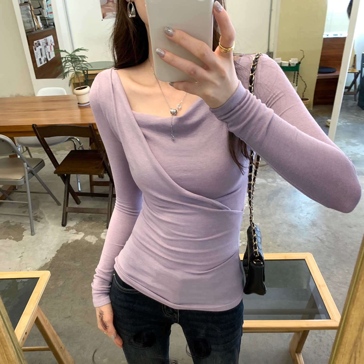 莫代尔羊毛斜领露肩长袖t恤女2025秋新款小众设计感百搭打底上衣