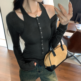 设计感天丝羊毛秋冬叠穿两件套打底衫T恤女2026新款显瘦内搭上衣