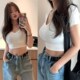 小衫 显胸大t恤女白色高腰短款 跳舞瑜伽服 露脐上衣紧身V领短袖 夏装