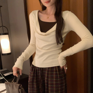 橘红色荡领长袖T恤女2026新款早秋chic别致内搭假两件打底衫上衣