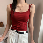 上衣 内搭开叉双肩短款 夏季 辣妹红色弹力吊带背心女性感带胸垫修身