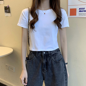 2025夏季 ins风潮 小心机上衣漏肚脐高腰修身 白色纯棉t恤女短袖 短款