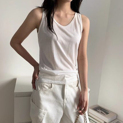 吊带背心白色无袖松弛感女莱赛尔天丝内搭老头衫外穿宽松慵懒上衣