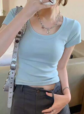 正肩露肚脐短袖t恤女夏季新款爆款u领设计感小众修身蓝色短款上衣