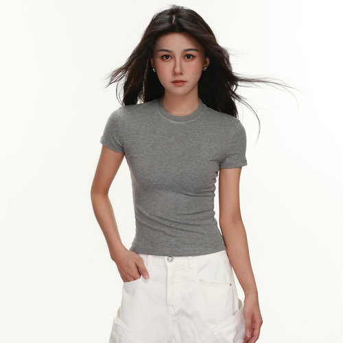 2026春夏美式高腰正肩短袖t恤女修身显瘦甜辣妹短款收腰紧身上衣