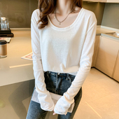 慵懒风薄款 上衣叠穿宽松防晒罩衫 T恤女 长袖 夏秋微透大低领打底衫