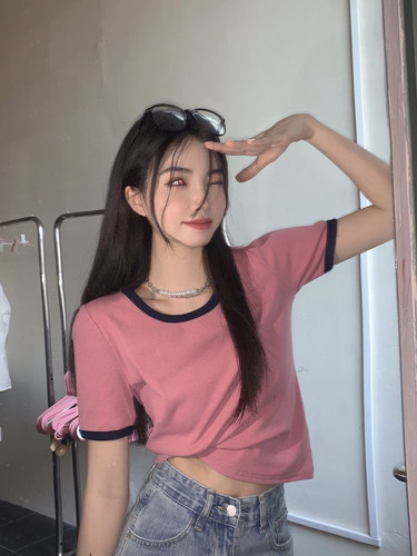 设计感撞色圆领短袖打底衫上衣
