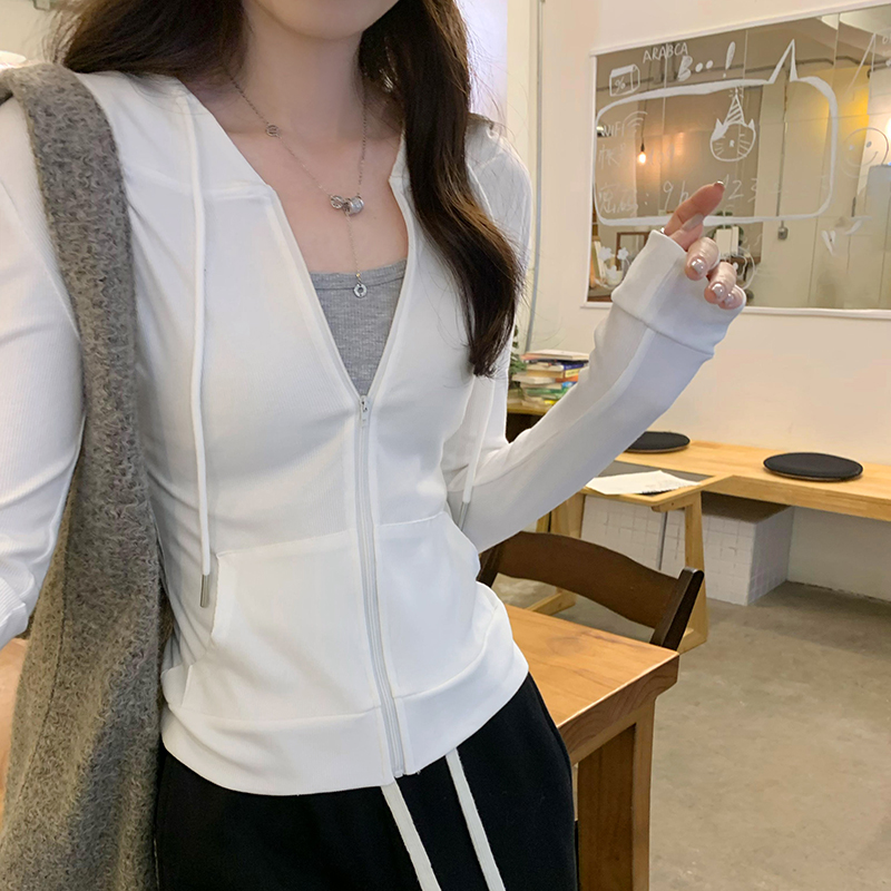 连帽白色短款长袖外套女