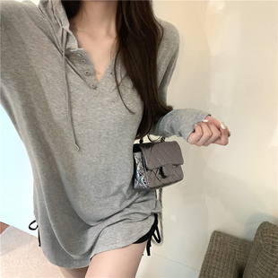 中長款 V領(lǐng)上衣女春夏秋季 寬松休閑慵懶連帽打底衫 長袖 運(yùn)動(dòng)防曬T恤