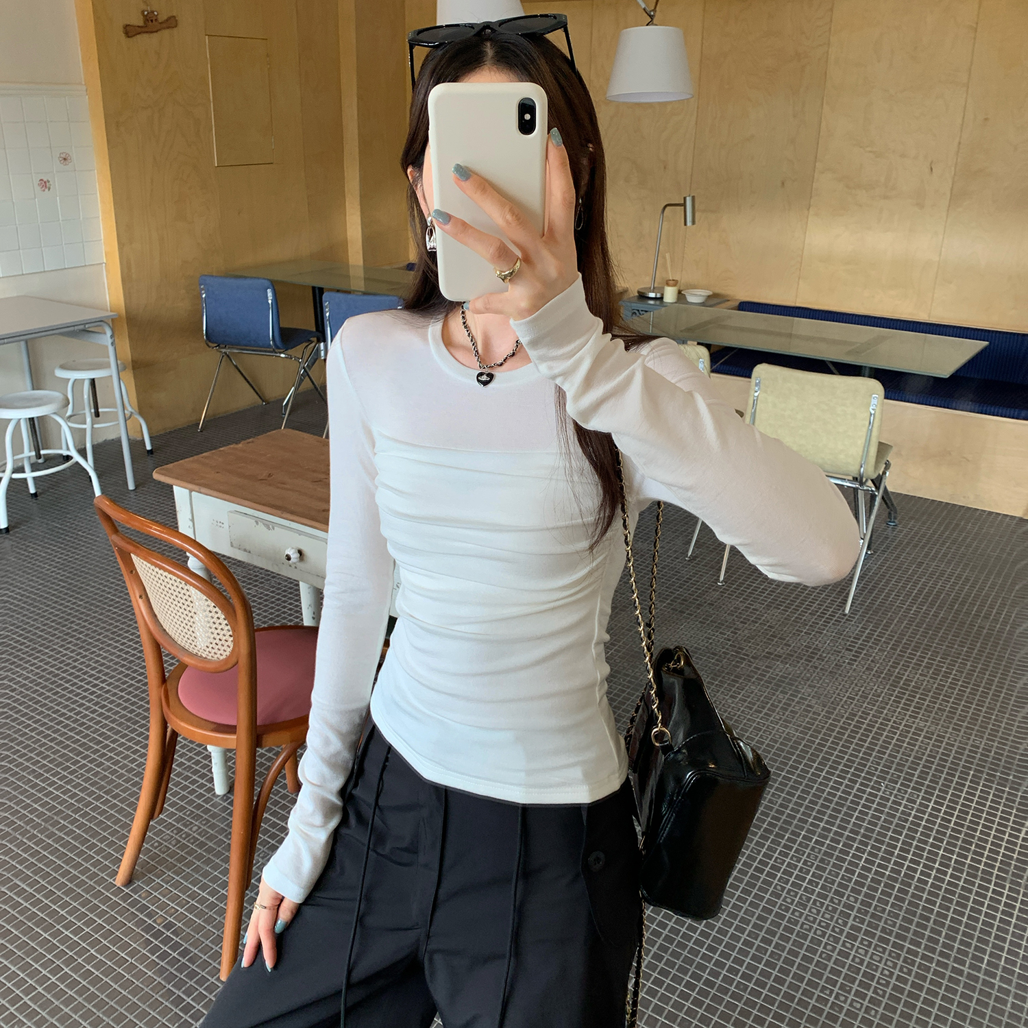 莱赛尔天丝羊毛白色拼接长袖内搭打底衫女秋冬季2025新款T恤上衣