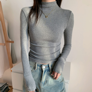 2026秋冬季 长袖 t恤女正肩磨毛薄绒褶皱修身 收腰上衣 半高领打底衫