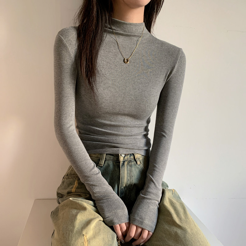2025秋冬季半高领打底衫长袖t恤女正肩磨毛薄绒褶皱修身收腰上衣,女装/女士精品,T恤,淘宝优惠券,粉丝福利购,淘宝优惠卷