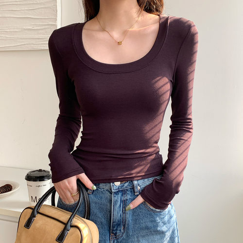 2025秋冬紧身低领U领打底衫正肩内搭修身漫画腰百搭上衣长袖t恤女