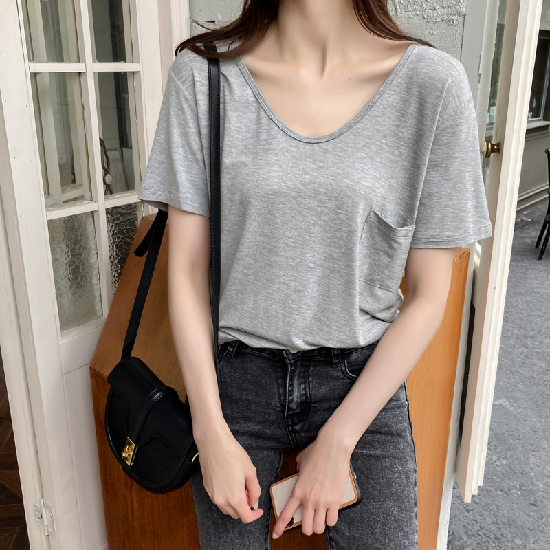 白色短袖T恤女春夏季2025新款韩版宽松显瘦鸡心领ins潮莫代尔上衣