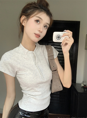 chic甜辣风灰色短袖t恤女2026新款夏季别致修身短款体恤显瘦上衣