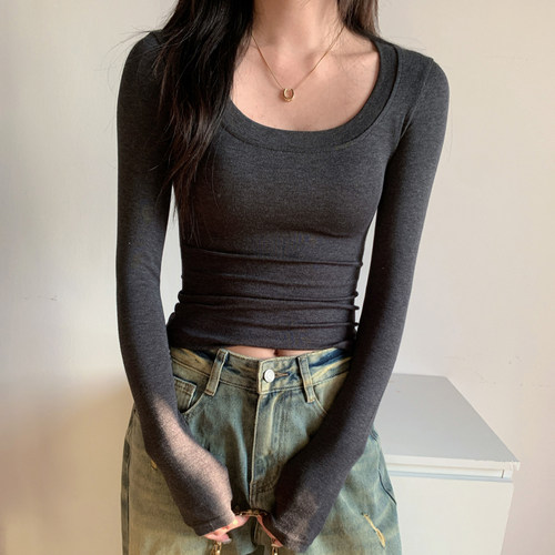 正肩内搭修身漫画腰上衣长袖t恤