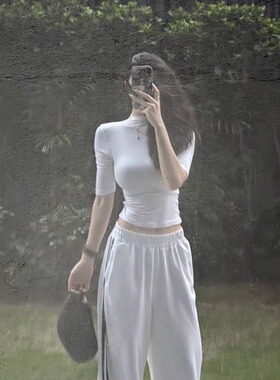 纯欲辣妹白色修身半袖T恤女夏小众气质显瘦半高领正肩打底衫上衣