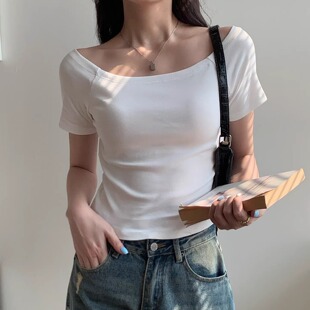 一字领纯棉短袖百搭T恤女韩版修身显瘦2026夏季新款性感露肩上衣
