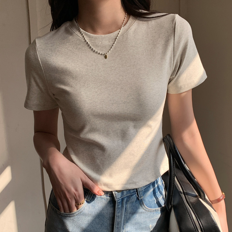 2026春夏短款圆领棉质短袖t恤女修身正肩打底体恤高腰短装上衣潮
