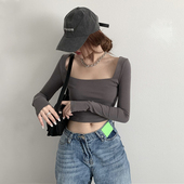 方领上衣女打底衫 港味高腰小心机T恤 长袖 内搭短款 春秋冬性感新款