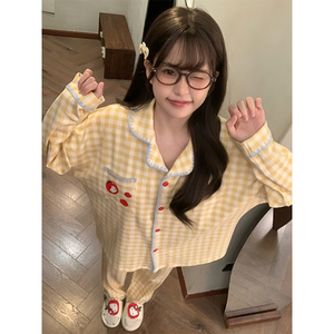 晚眠带胸垫睡衣女款春秋纯棉长袖格子2026年新款冬季大码家居服夏