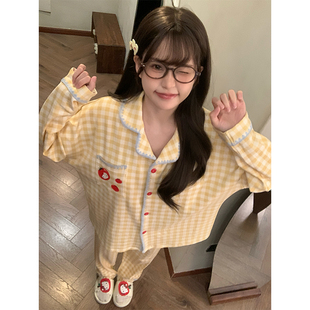 晚眠带胸垫睡衣女款春秋纯棉长袖格子2026年新款冬季大码家居服夏