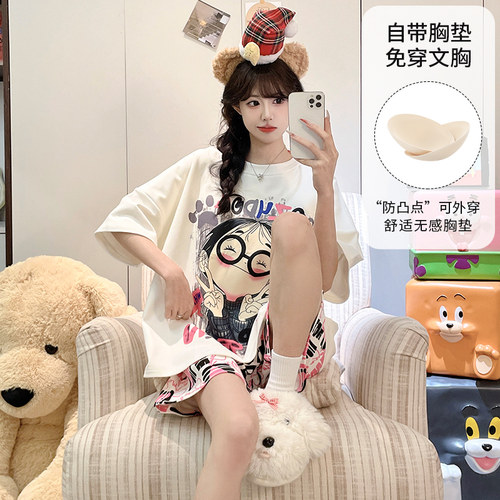 晚眠带胸垫睡衣女夏季短袖2026年新款可爱卡通套装小个子家居服