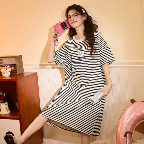晚眠带胸垫睡裙女夏季薄款纯棉短袖条纹2026年新款睡衣裙大码夏天
