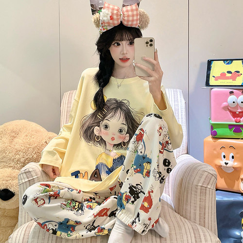 晚眠带胸垫睡衣女款春秋长袖套头卡通2026年新款秋冬季家居服套装