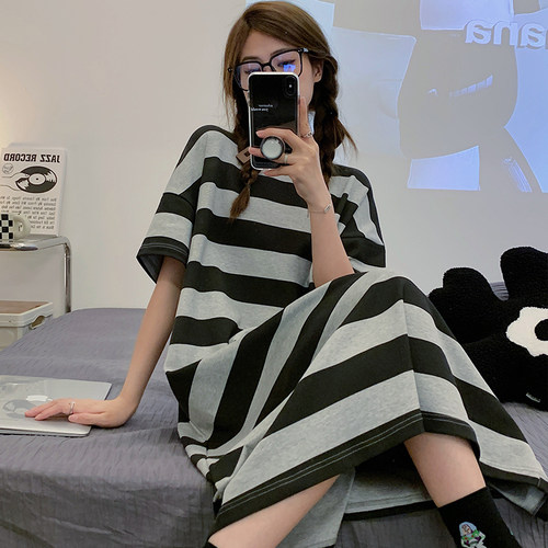 晚眠带胸垫条纹睡裙女夏季黑色纯棉薄款大码条纹春秋款2022年新款