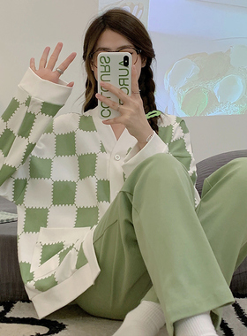 带胸垫睡衣女春秋款纯棉长袖可爱大码春夏天网红风绿色家居服秋冬