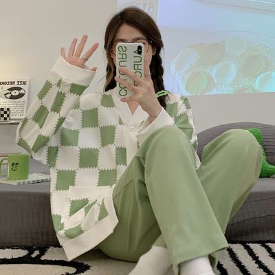 晚眠女纯棉带胸垫睡衣春秋款大码