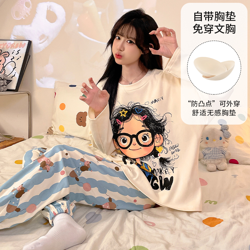 晚眠带胸垫睡衣女春秋长袖套头卡通2025年新款秋冬季防凸点家居服