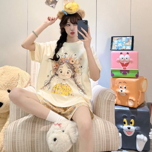 晚眠带胸垫睡衣女夏季薄款短袖短裤夏天可爱可外穿家居服两件套装
