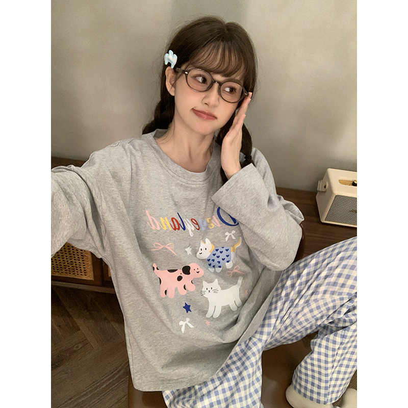 晚眠带胸垫睡衣女款春秋纯棉长袖套头格子2025年新款秋冬季家居服