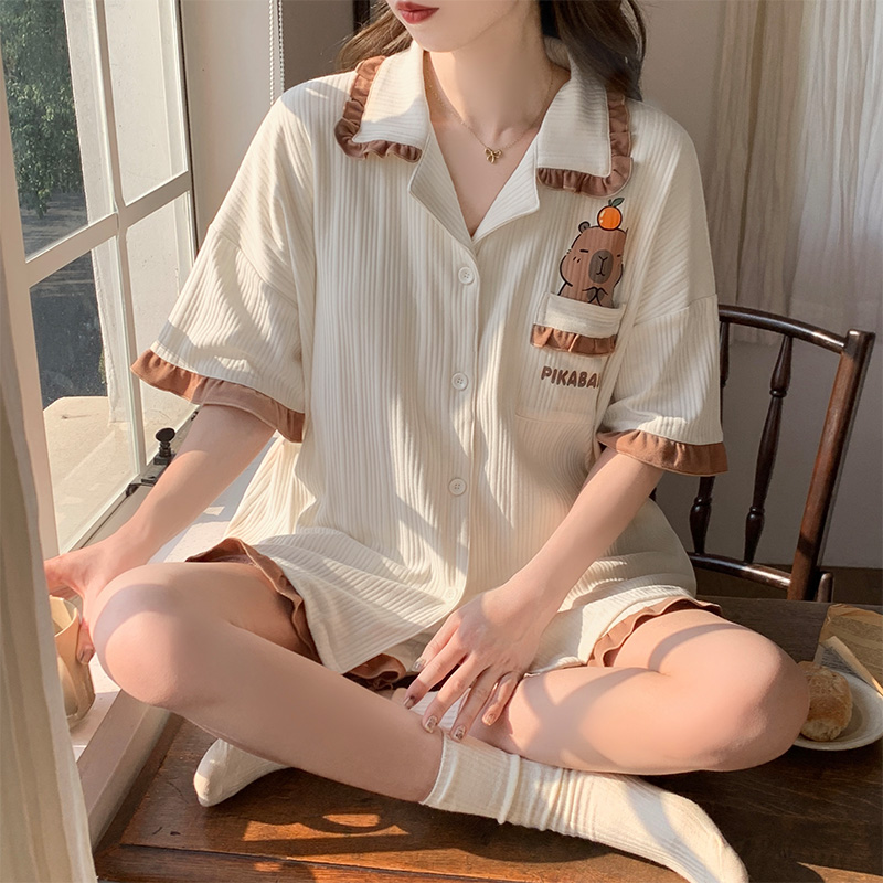 晚眠带胸垫一体睡衣女夏季纯棉短袖公主风可爱夏天家居服两件套装