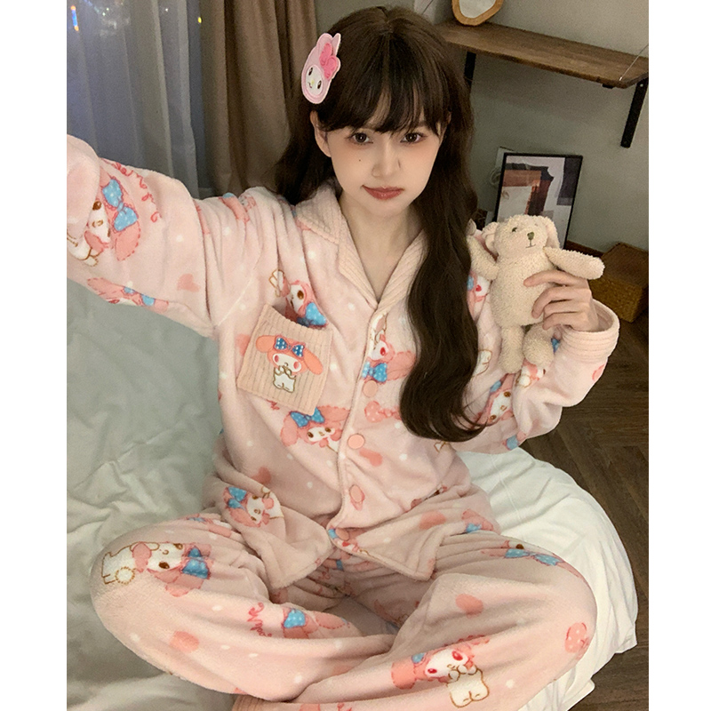 晚眠珊瑚绒睡衣女款秋冬季长袖加厚加绒保暖冬天粉色法兰绒家居服