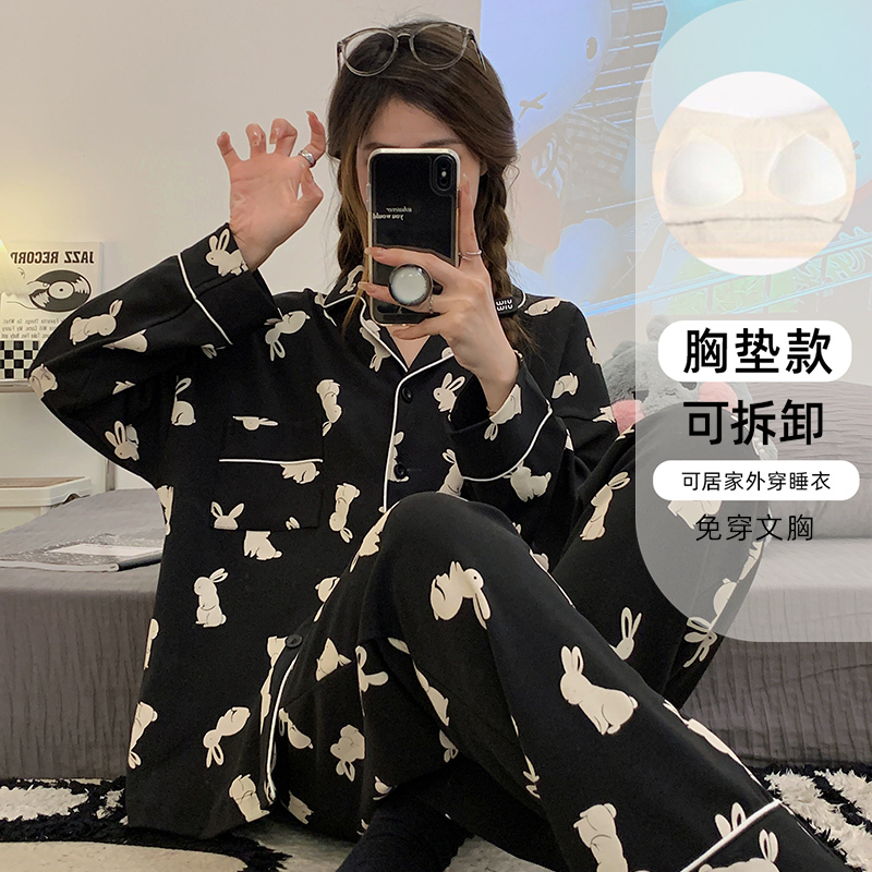 晚眠带胸垫一体睡衣秋冬款女纯棉黑色2024年新款春秋大码家居服