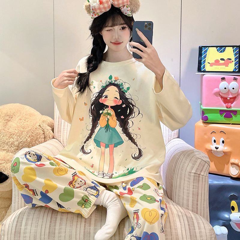 晚眠带胸垫睡衣女款春秋长袖套头卡通2025年新款秋冬季家居服套装