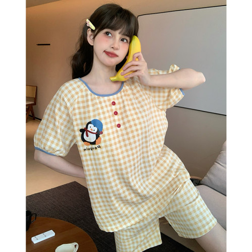 晚眠带胸垫睡衣女夏季短袖短裤2026年新款可爱卡通套装格子家居服