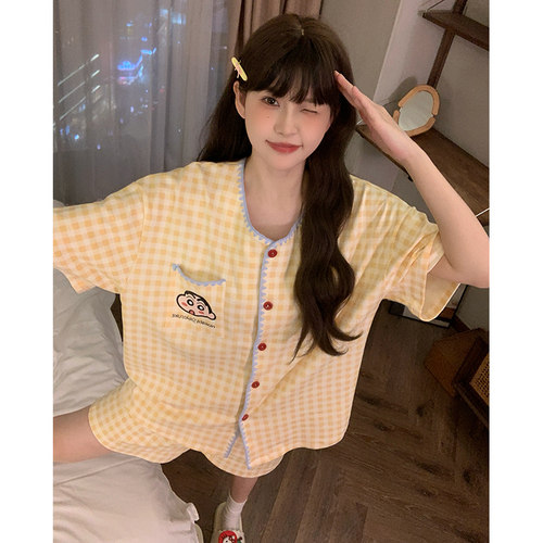 晚眠2026年新款带胸垫睡衣女款夏季短袖短裤夏天格子家居服套装
