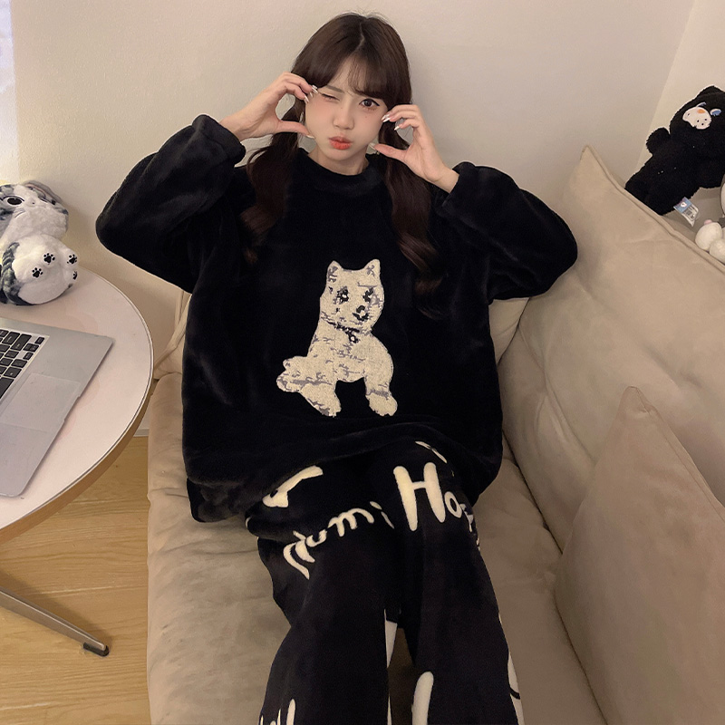 晚眠珊瑚绒睡衣女款秋冬季长袖加绒加厚2024年新黑色家居服法兰绒