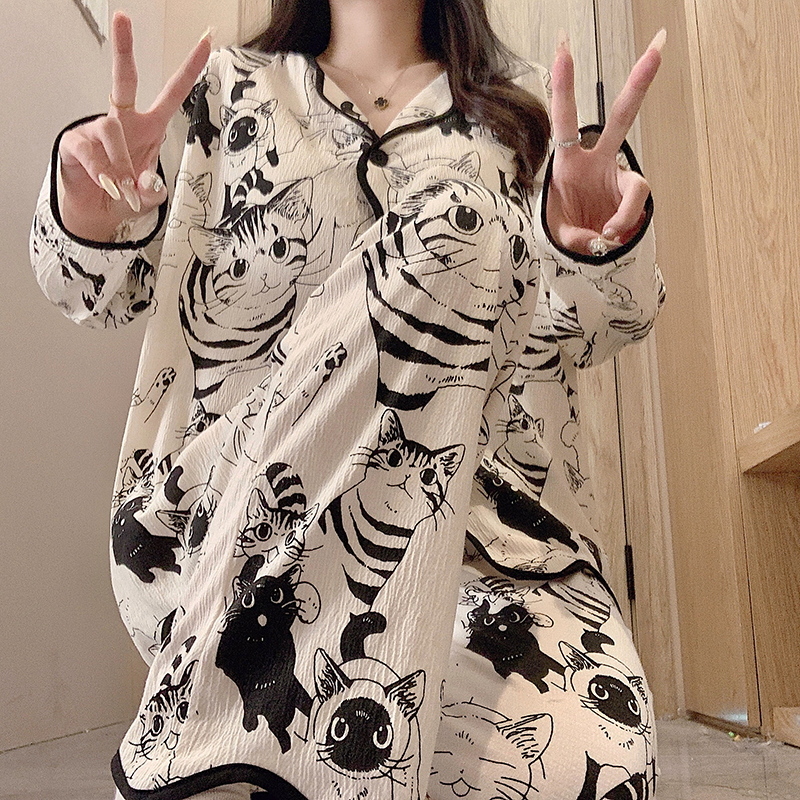 晚眠一体带胸垫睡衣女款春秋纯棉长袖长裤2024年新冬季家居服大码