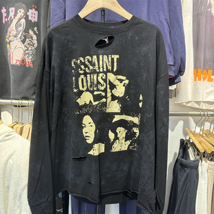 档口实拍 Sssaint人像爱心涂鸦破洞长袖T恤街头破坏美式宽松上衣