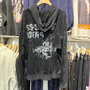 美式潮牌SSSAINT LOUIS字母印花水洗做旧连帽卫衣男女同款帽衫ins